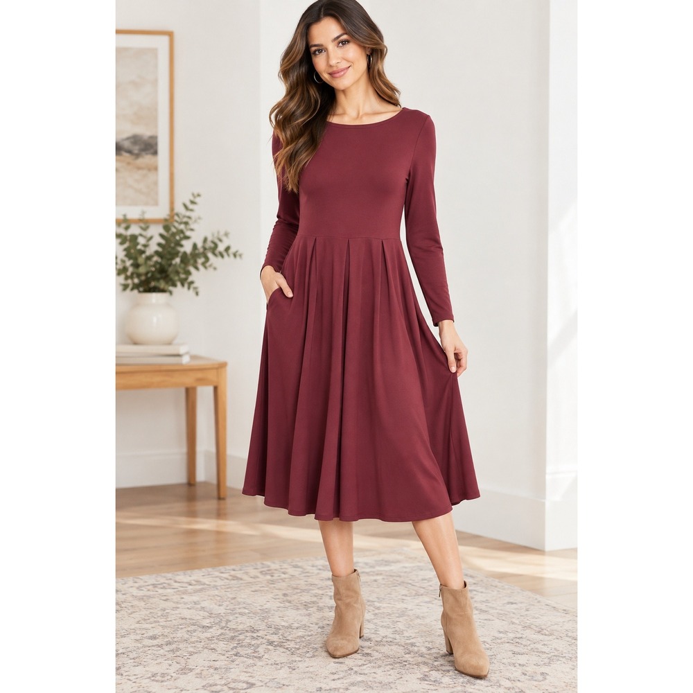 24seven Midi Dress Wine Long Sleeve  Romantic Feminine Minimalist Large Classic